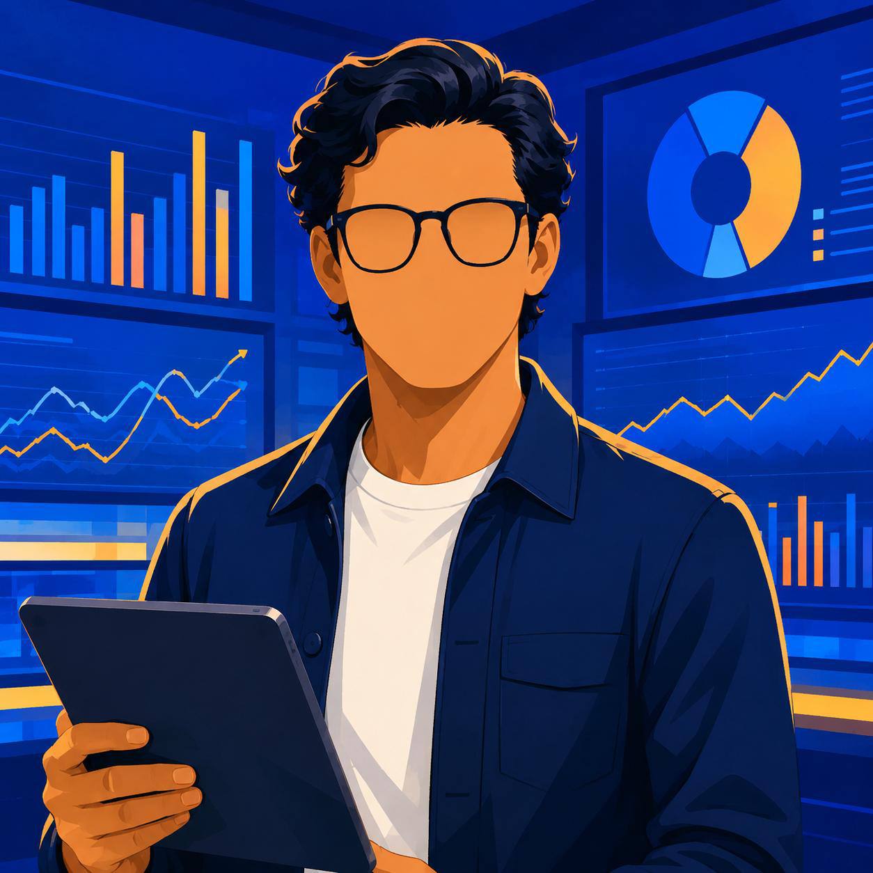 The Analyst — data-driven strategist surrounded by performance charts