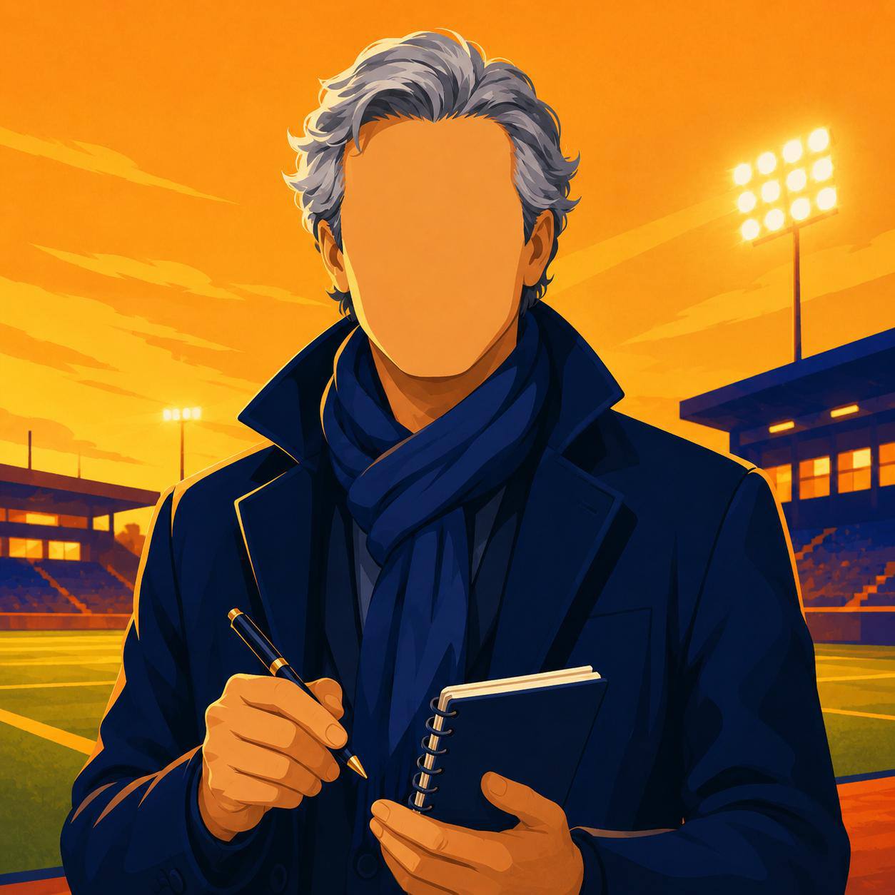 The Spotter — veteran scout with notepad at sunset stadium